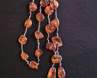 Baltic Amber Necklace and Carved Wood Brooch Set
