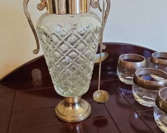 Italian Crystal and Silver Plate Punch Bowl Set with Ladle and Glasses