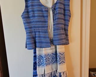 Vintage Folk Costume Set - Blue and White Geometric Pattern - Possibly Hmong or similar Asian ethnic group
