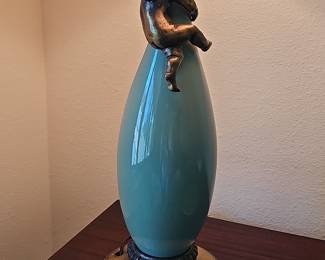 Vintage Jade Green Ceramic Table Lamp with Cherub Figurine