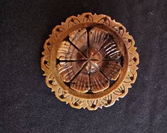 Baltic Amber Necklace and Carved Wood Brooch Set