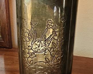 Vintage Brass Tea Canister Table Lamp with Embossed Bird and Floral Motif