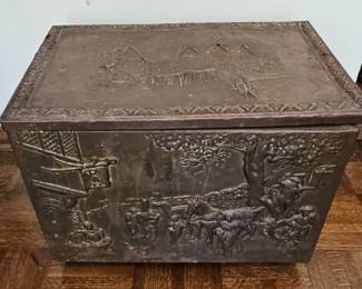 Antique Embossed Brass Coal Scuttle/Box with Tudor House and Pastoral Scenes