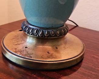 Vintage Jade Green Ceramic Table Lamp with Cherub Figurine