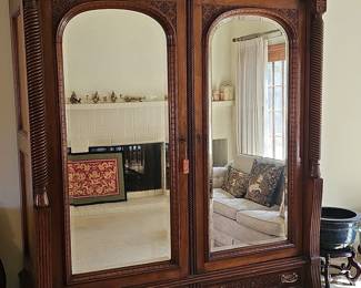 Victorian Carved Walnut Wardrobe Armoire with Mirrored Doors