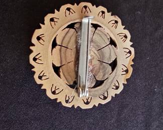 Baltic Amber Necklace and Carved Wood Brooch Set