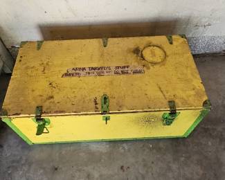 Vintage Yellow Wooden Storage Trunk with Handwritten Markings