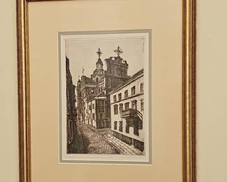 Etching of St. John's Church, Vilnius by I. Domininkonė