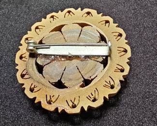 Carved Wood Floral Rosette Brooch