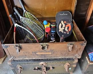 Vintage Tennis and Pickleball Gear in Steamer Trunk