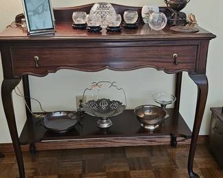 Antique Mahogany Queen Anne Style Console Table with Decorative Items