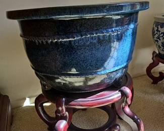Large Blue Glazed Ceramic Planter with Ornate Wooden Stand