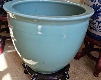Chinese Celadon Glazed Ceramic Fishbowl Planter with Carved Wooden Stand