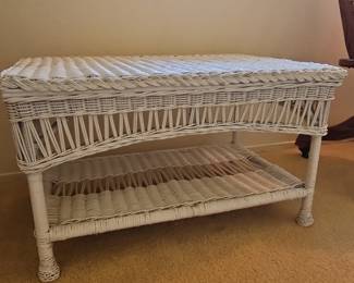 Vintage White Wicker Coffee Table with Lower Shelf