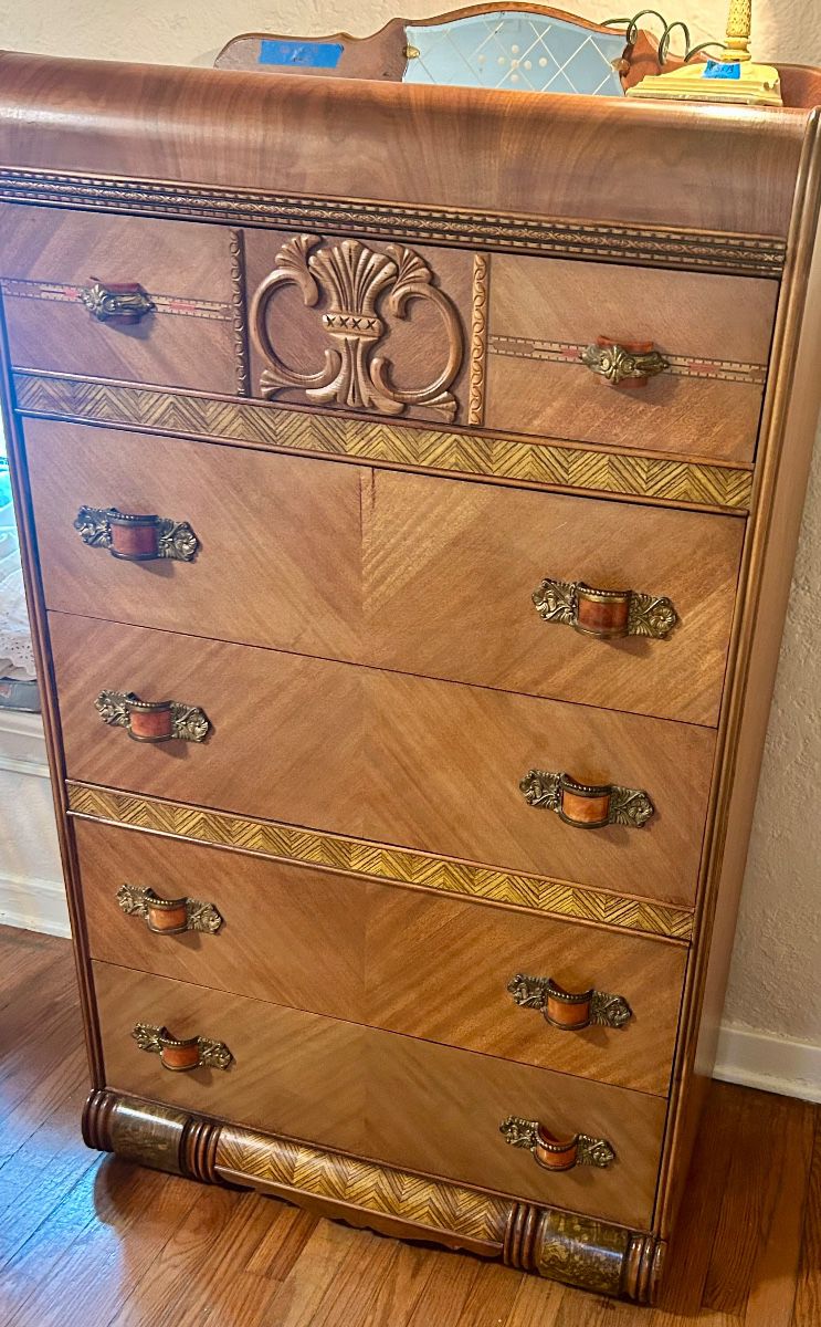 Art Deco Tallboy Dresser w/ Bakelite Inland Handles 32”w x 17d x 58h $500