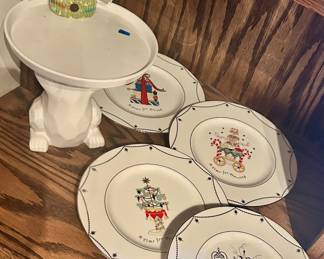 Bunny cake plate $15; Lenox Christmas luncheon plates $10ea