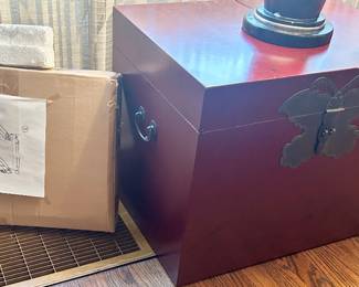 Burgundy oriental chest w/ pedestal bottom still in box $115; 22w x 15 x 17.5h