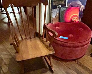 Child rocker $25; upholstered round foot stool $25