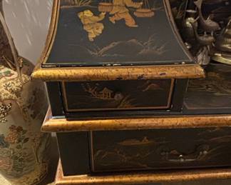 Asian Black Lacquered Secretary Desk and Chair Set