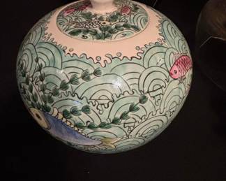 Chinese Porcelain Ginger Jar with Fish and Wave Motif