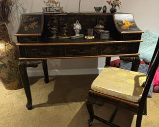 Asian Black Lacquered Secretary Desk and Chair Set