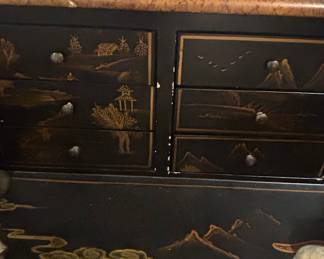 Asian Black Lacquered Secretary Desk and Chair Set