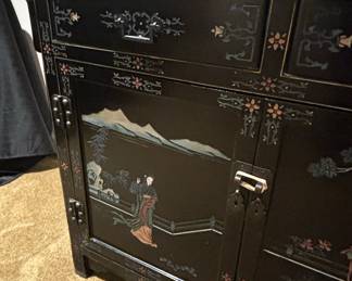 Vintage Black Lacquer Chinoiserie Cabinet with Painted Scenes