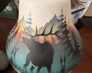 Beverly Dine Navajo Etched Pottery Vase with Elk Scene