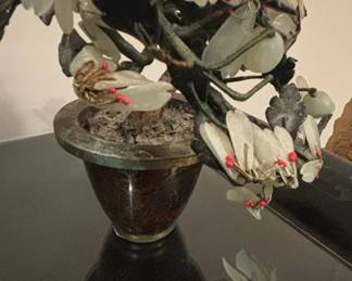 Vintage Chinese Jade & Hardstone Bonsai Tree with Cloisonné Base