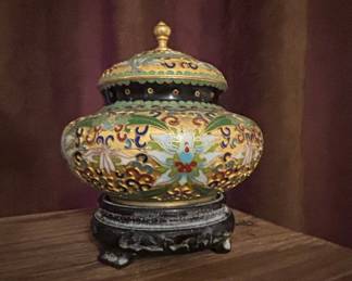 Cloisonné Brass Ginger Jar with Stand