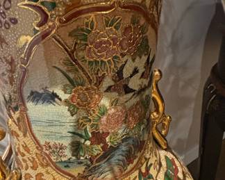 Large Royal Satsuma Style Porcelain Vase with Pheasants and Cherry Blossoms