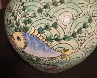 Chinese Porcelain Ginger Jar with Fish and Wave Motif