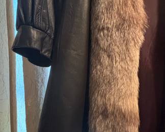 Yudofsky Furriers Black Leather Coat with Fox Fur Collar and Trim