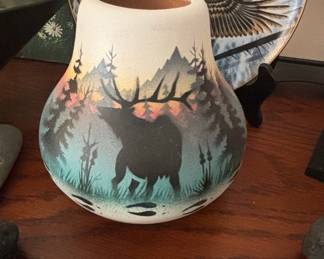 Beverly Dine Navajo Etched Pottery Vase with Elk Scene