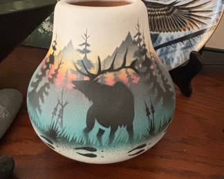 Beverly Dine Navajo Etched Pottery Vase with Elk Scene