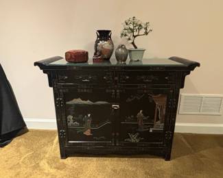 Vintage Black Lacquer Chinoiserie Cabinet with Painted Scenes