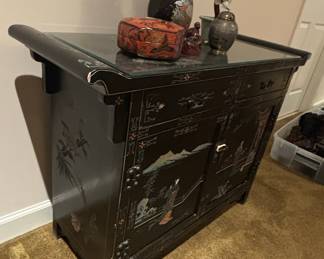 Vintage Black Lacquer Chinoiserie Cabinet with Painted Scenes