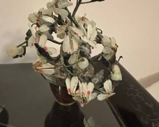 Vintage Chinese Jade & Hardstone Bonsai Tree with Cloisonné Base