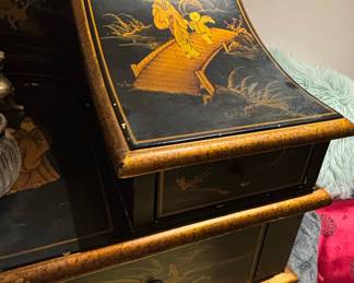 Asian Black Lacquered Secretary Desk and Chair Set