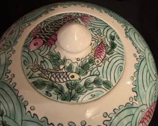 Chinese Porcelain Ginger Jar with Fish and Wave Motif