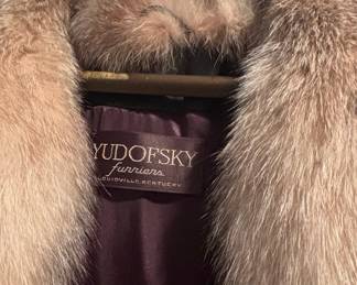 Yudofsky Furriers Black Leather Coat with Fox Fur Collar and Trim