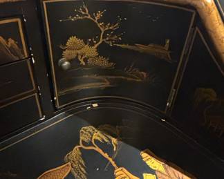 Asian Black Lacquered Secretary Desk and Chair Set