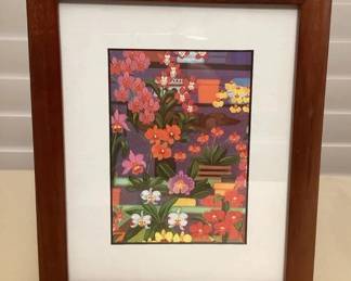 MMC090 Koa Framed Picture Of Orchids & A Sleeping Dachshund By Rosalie Prussing