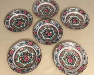 MMC061 Six Chinese Porcelain Rose Medallion 9.5” Shallow Bowls