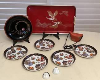 MMC106 Japanese Lacquered Items, Ceramic Bowls & Pair Of Face Sake Cups