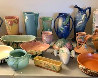 Roseville with Blue Pine Cone and large Morning Glory