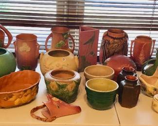 Roseville including Sunflower, Haxagon brown, Pine Cone, Three sided vase