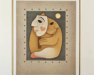 Pencil signed limited edition color lithograph titled "Cat Disguise I" by artist Carolyn Jablonsky.