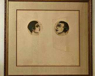 "Mirror Images", limited edition aquatint etching with embossed details by American artist Carolyn Jablonsky.