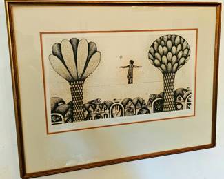 "The Tightrope Walker" LTD ED., hand-signed etching by American artist Carolyn Jablonsky.